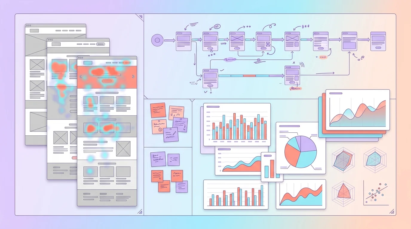 Dashboard d'audit UX et technique montrant des heatmaps, wireframes et données analytiques pour l'analyse d'un site existant avant refonte