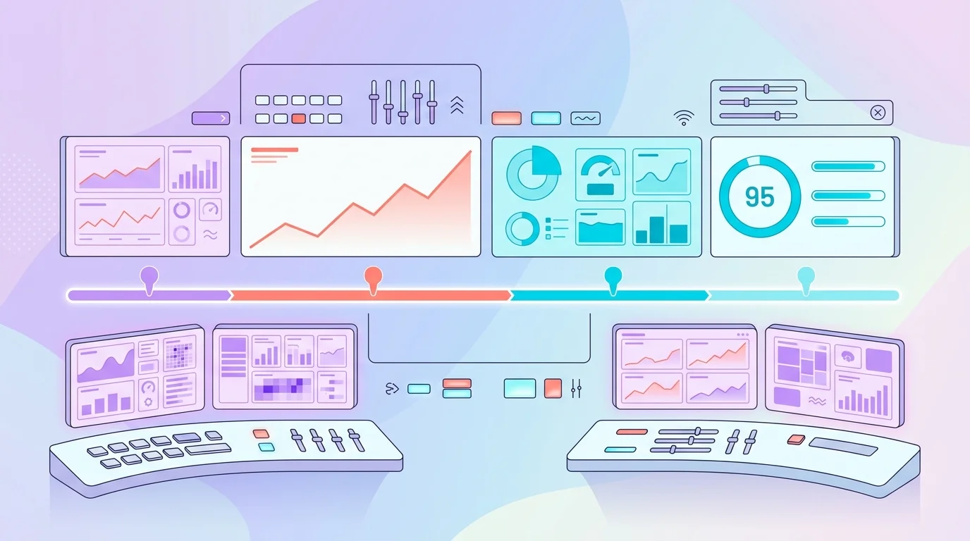 Interface de suivi post-lancement avec des graphiques de trafic organique en hausse, un score PageSpeed de 95 et des KPIs dans Google Analytics 4