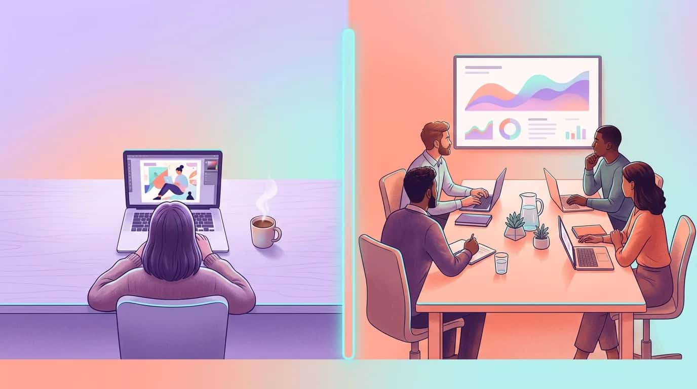 Comparaison visuelle entre un freelance travaillant seul et une equipe agence en reunion