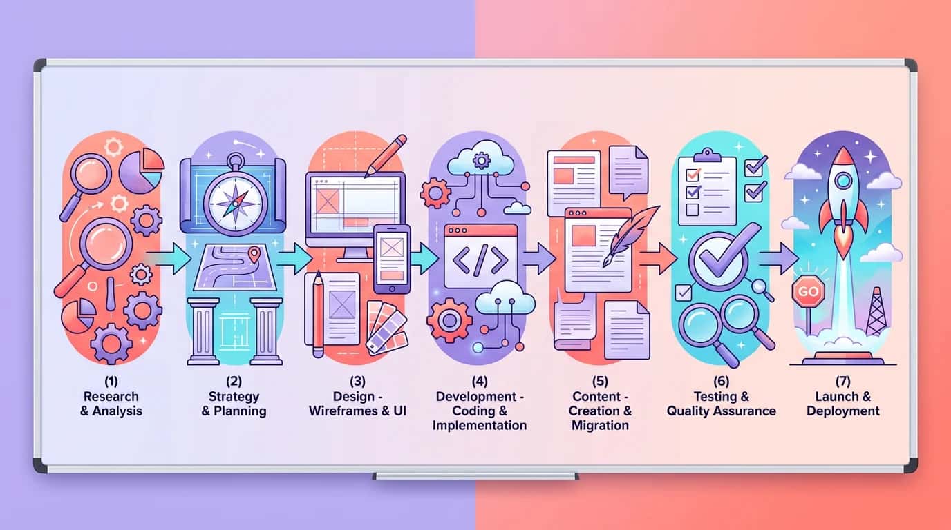 Schéma des 7 étapes d'une refonte de site internet sur un tableau blanc avec flèches et icônes colorées